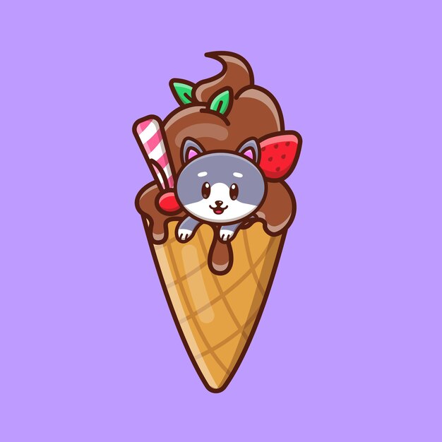 Cute cartoon cat in ice cream vector illustration Animal isolated vector Flat cartoon style