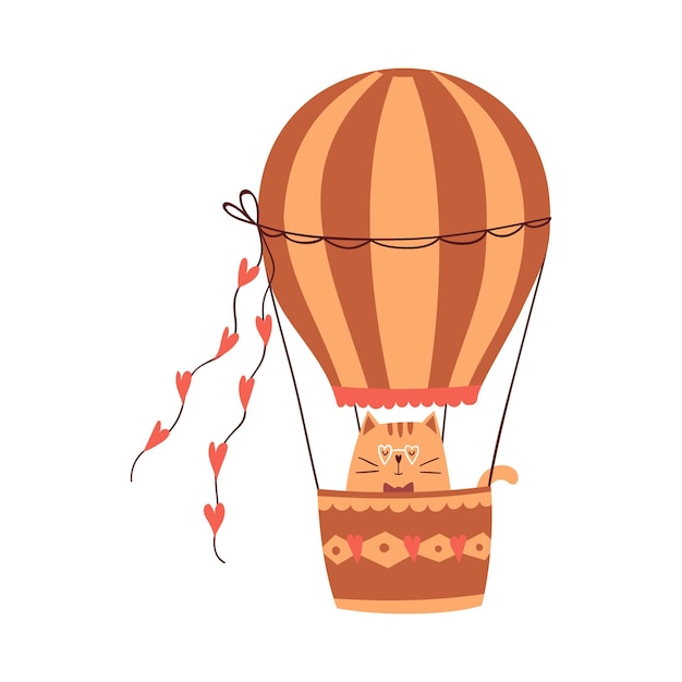 Simpatico gatto cartone animato sta volando su una mongolfiera con cuori elemento decorativo carino per biglietti di auguri di san valentino illustrazione vettoriale isolato su sfondo bianco