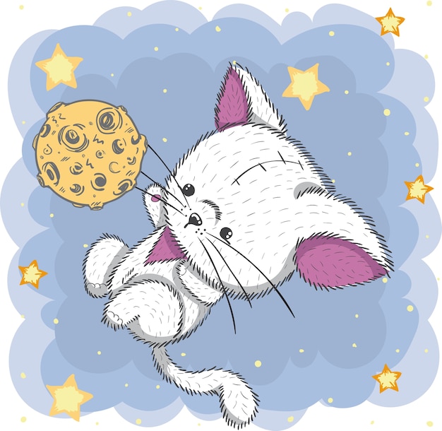 Cute cartoon cat and moon hand drawn