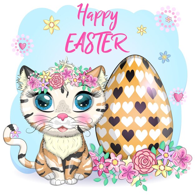 Cute cartoon Cat near a beautiful Easter basket full of eggs Happy Easter card