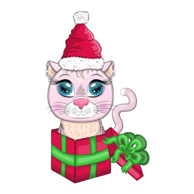 Cute cartoon cat in a santa hat in a gift box New Year's gift concept Winter 2023 Christmas and Chinese New