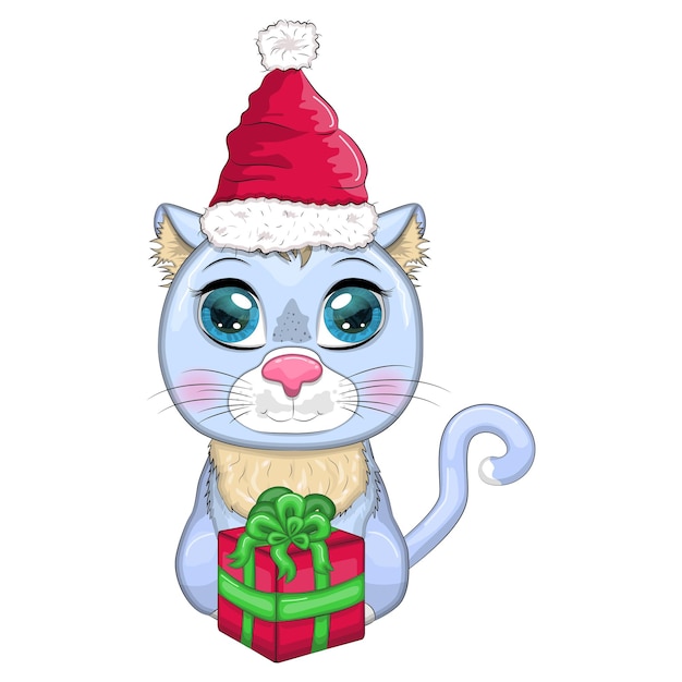 Cute cartoon cat in santa hat with gift christmas ball candy kane Winter 2023 Christmas and Chinese New