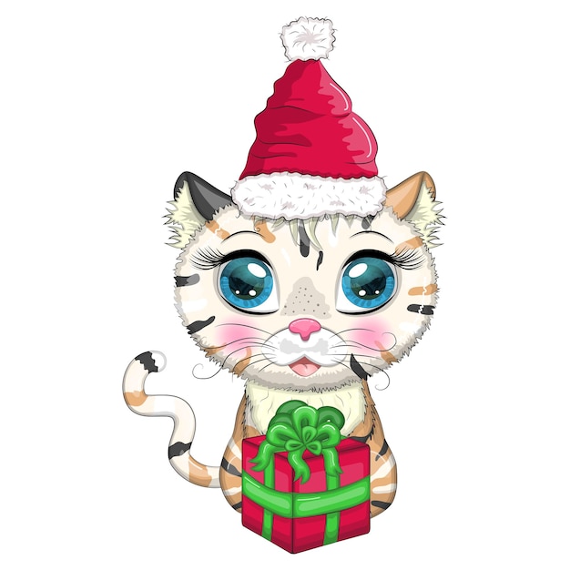 Cute cartoon cat in santa hat with gift christmas ball candy kane Winter 2023 Christmas and Chinese New