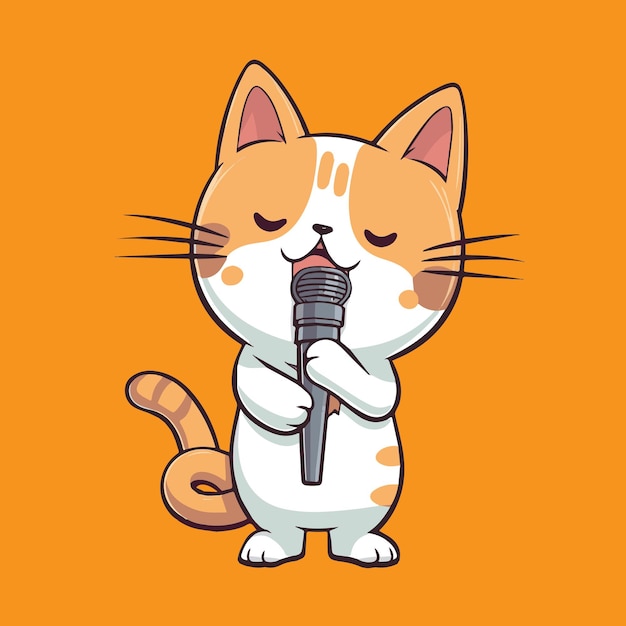 Cute cartoon cat singing a song with a microphone vector illustration