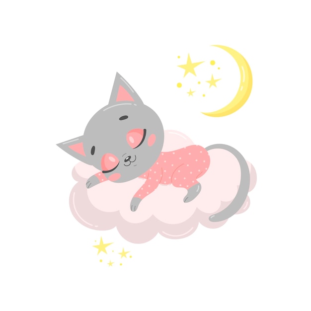 Cute cartoon cat sleeping on a cloud.