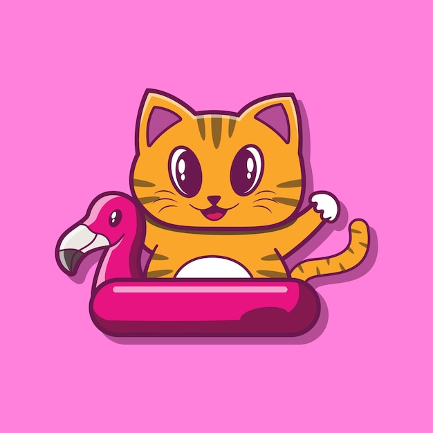 Cute cartoon cat swimming with flamingo swim ring