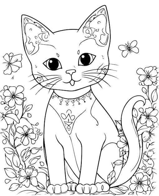 Vector cute cartoon cat vector illustration cat coloring page for kids and adults cat vector logo tshir