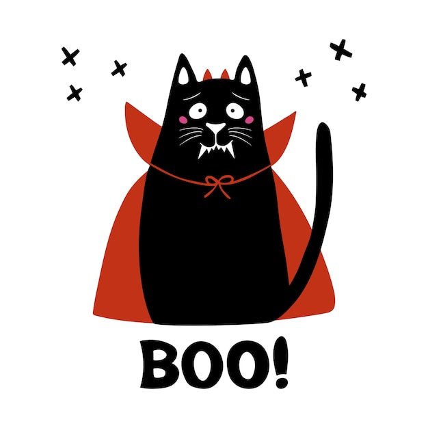 귀여운 만화 고양이는 송곳니, 뿔 및 빨간 망토와 부 단어로 뱀파이어 의상을 입습니다. 할로윈