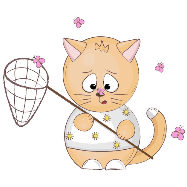 Cute cartoon cat with butterflies