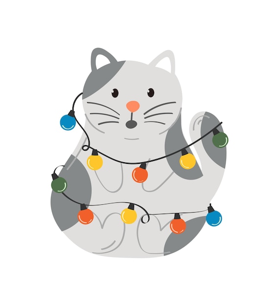 Vector cute cartoon cat with colorful christmas garland. 
new year. season's greetings. vector illustration