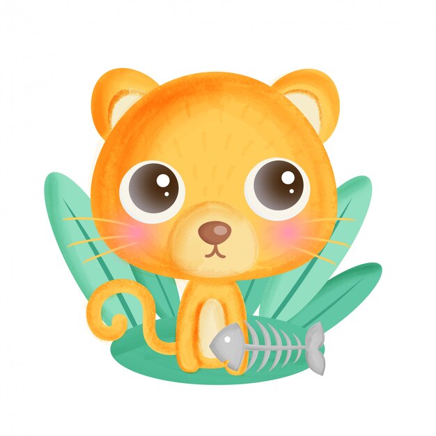 Vector cute cartoon cat with fish bone.