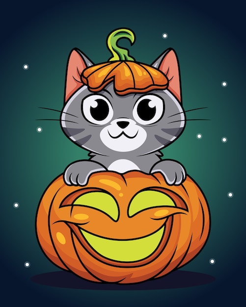 Vector cute cartoon cat with pumpkin, halloween day illustration.