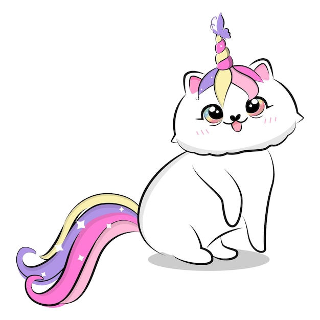 Cute cartoon cat with unicorn horn and tail.