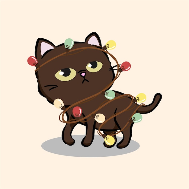 Cute cartoon cat wrapped in Christmas garland. Garland lights bulb string.