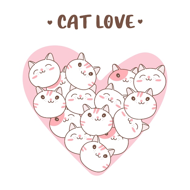Вектор Симпатичные мультяшные кошачьи мордашки в форме сердца на день святого валентина.