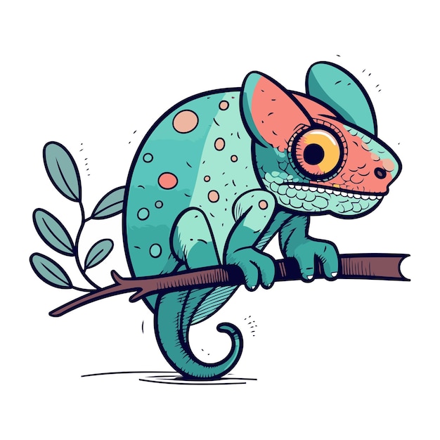 Vector cute cartoon chameleon on a branch vector illustration