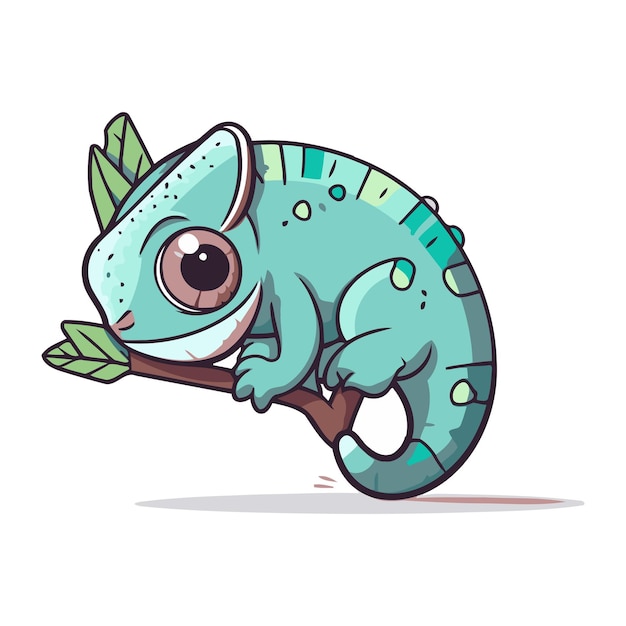 Vector cute cartoon chameleon on a branch vector illustration