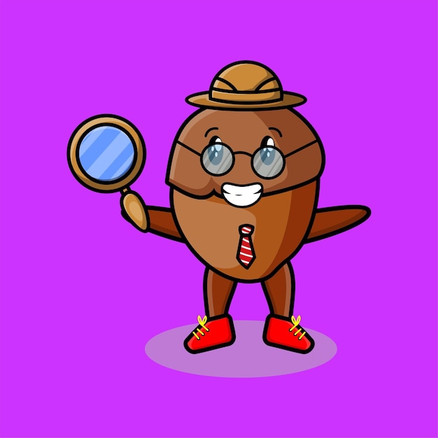 Cute cartoon character acorn detective is searching with magnifying glass and cute style design