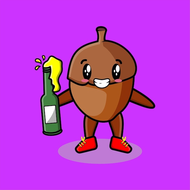 Cute cartoon character acorn with soda bottle in modern cute style design