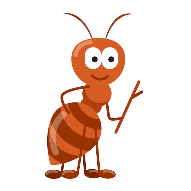 Cute cartoon character ant with a branch in his hands insect with a stick in his paws