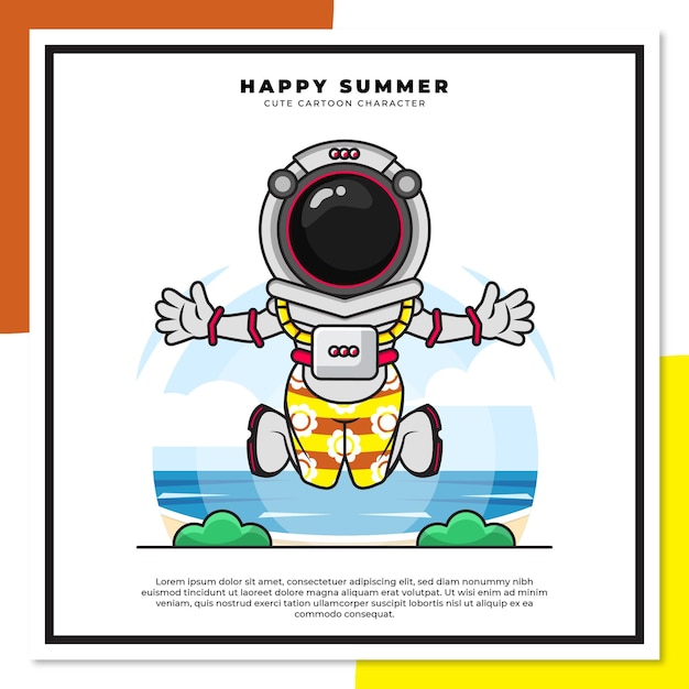 우주 비행사의 귀여운 만화 캐릭터는 행복한 여름 인사와 함께 해변에서 점프