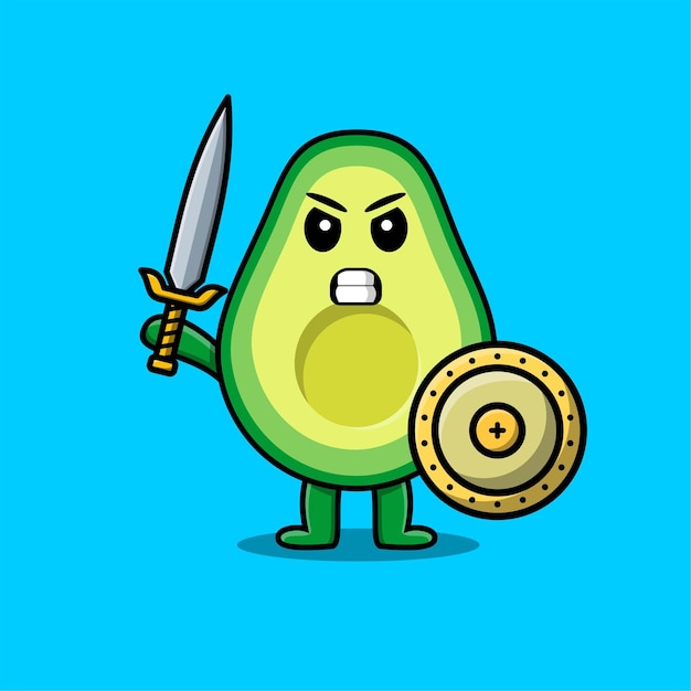 Cute cartoon character Avocado holding sword and shield in modern style design