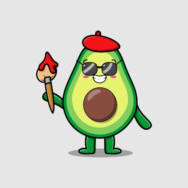 Vettore personaggio simpatico cartone animato avocado pittore con cappello e un pennello per disegnare in un simpatico design in stile design