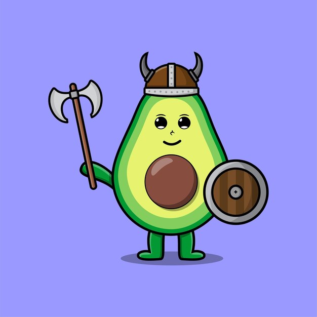 Cute cartoon character Avocado viking pirate with hat and holding ax and shield in modern design