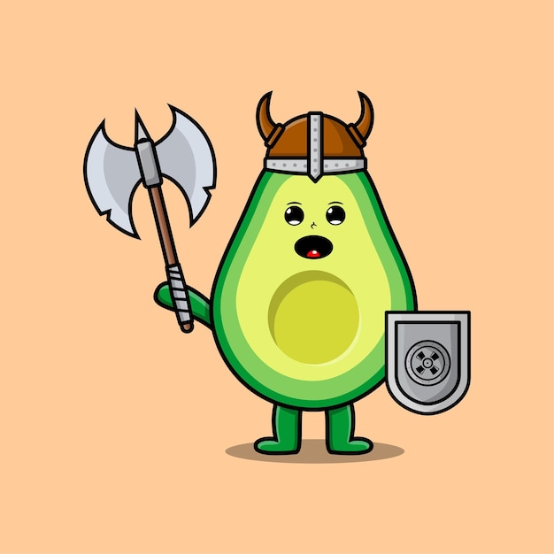 Cute cartoon character Avocado viking pirate with hat and holding ax and shield in modern design