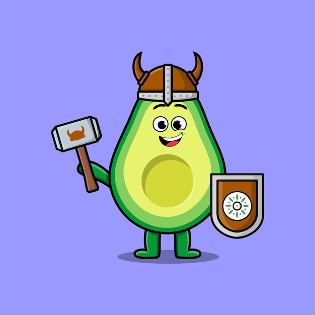Cute cartoon character Avocado viking pirate with hat and holding hammer and shield in cute style