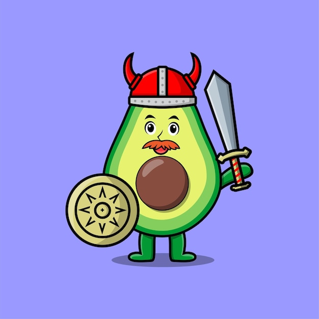 Cute cartoon character Avocado viking pirate with hat and holding sword and shield in cute modern