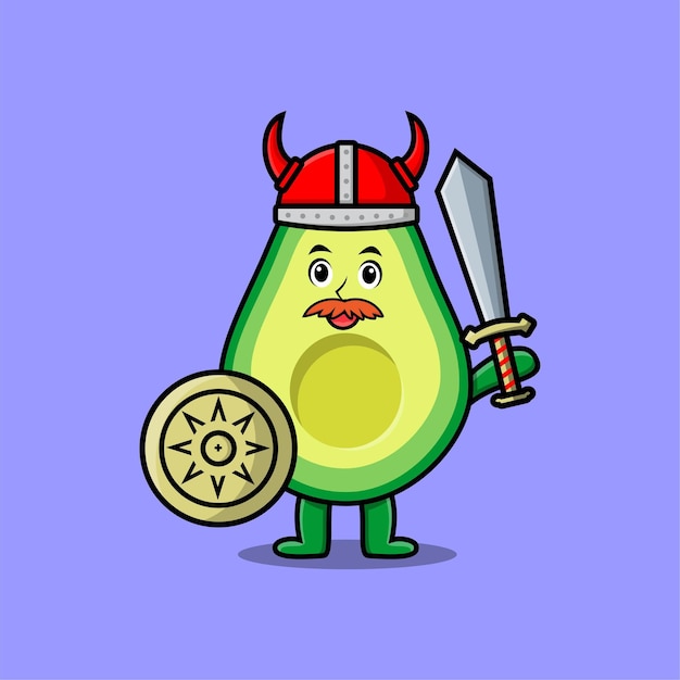 Cute cartoon character Avocado viking pirate with hat and holding sword and shield in cute modern