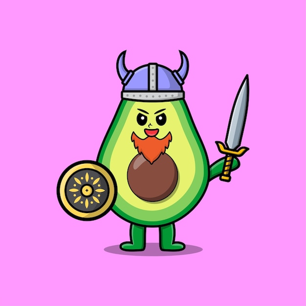 Cute cartoon character Avocado viking pirate with hat and holding sword and shield in cute modern