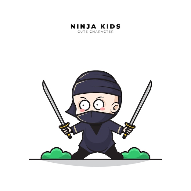 Simpatico personaggio dei cartoni animati di baby ninja tiene in mano due spade