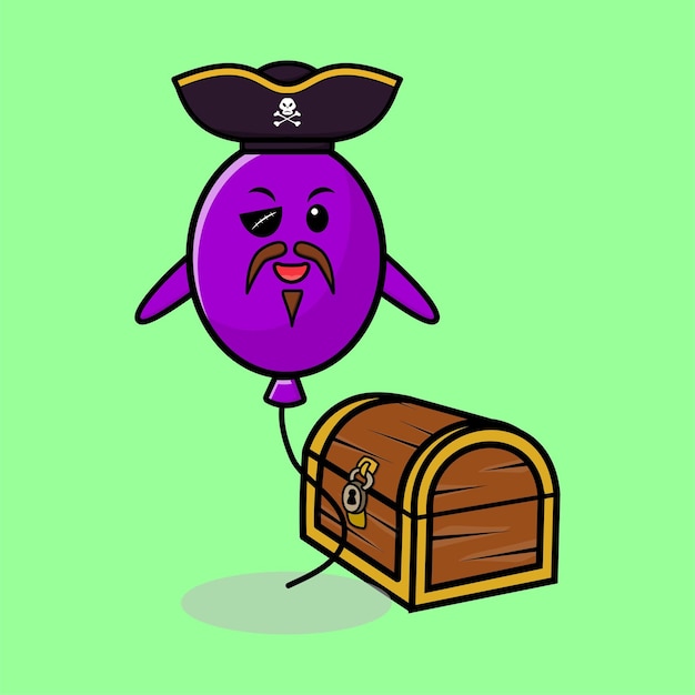 Simpatico personaggio dei cartoni animati palloncino pirata con scatola del tesoro in stile moderno per adesivo tshirt