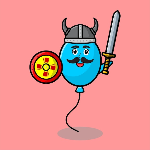Cute cartoon character Balloon viking pirate with hat and holding sword and shield in cute modern