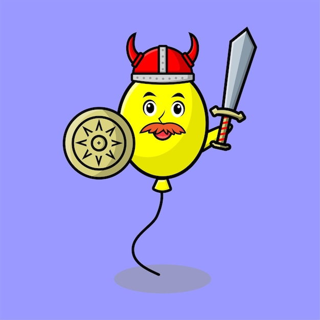 Simpatico personaggio dei cartoni animati palloncino pirata vichingo con cappello e spada e scudo in mano in un simpatico moderno
