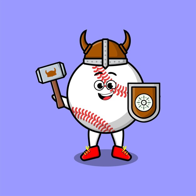 Cute cartoon character baseball ball viking pirate with hat and holding hammer and shield