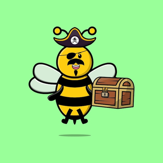 Vector cute cartoon character bee pirate with treasure box in modern style design