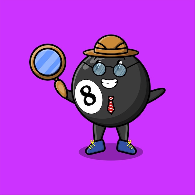 Cute cartoon character billiard ball detective is searching with magnifying glass