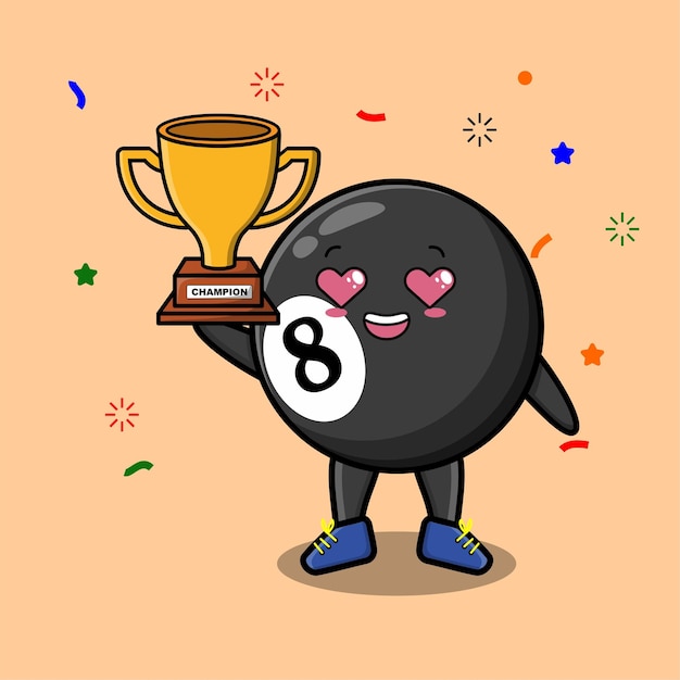 Cute Cartoon character of billiard ball is holding up the golden trophy with happy gesture