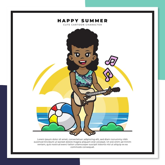 Vector cute cartoon character of black girl is playing guitar ukulele on the beach with happy summer greetings