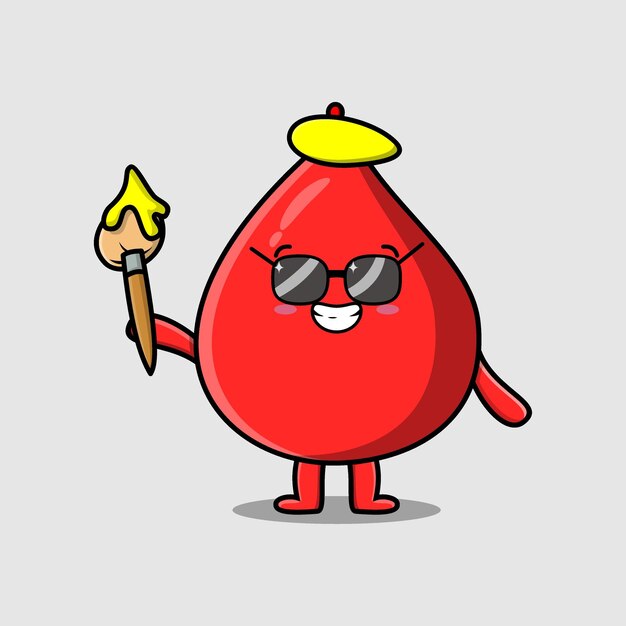 Cute cartoon character Blood drop painter with hat and a brush to draw in cute design style design