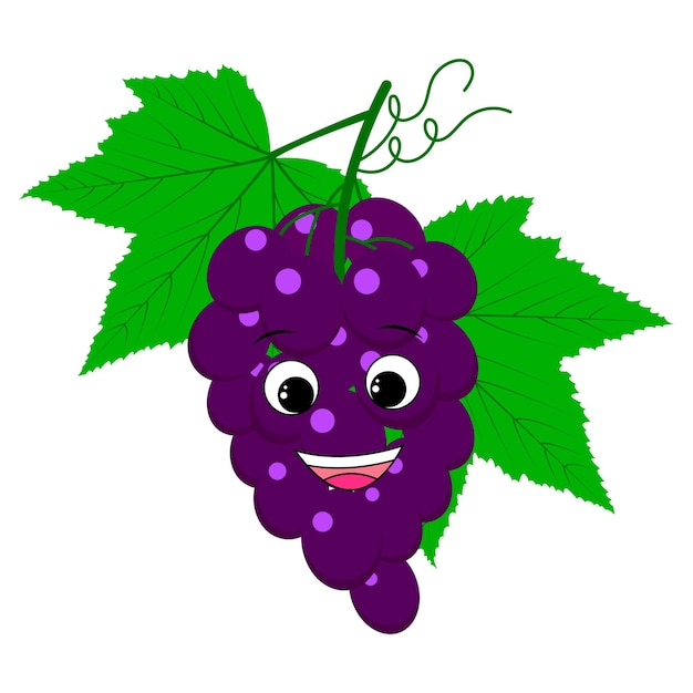 Cute cartoon character blue grapes smiling happy grapes bunch of grapes children's print for a tshirt vector illustration isolated on transparent background