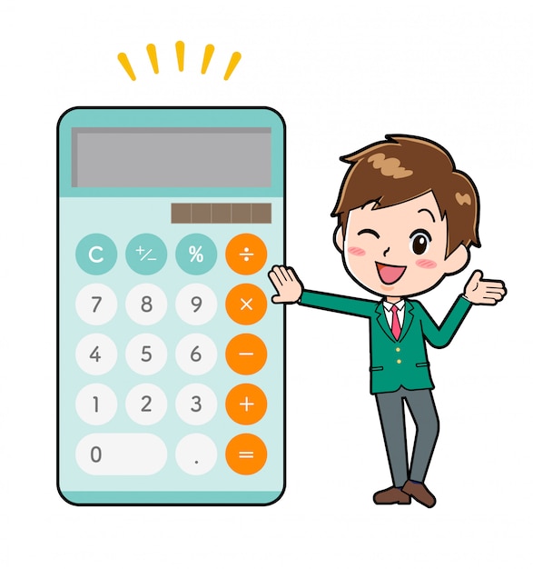 Cute cartoon character boy, calculator Brag