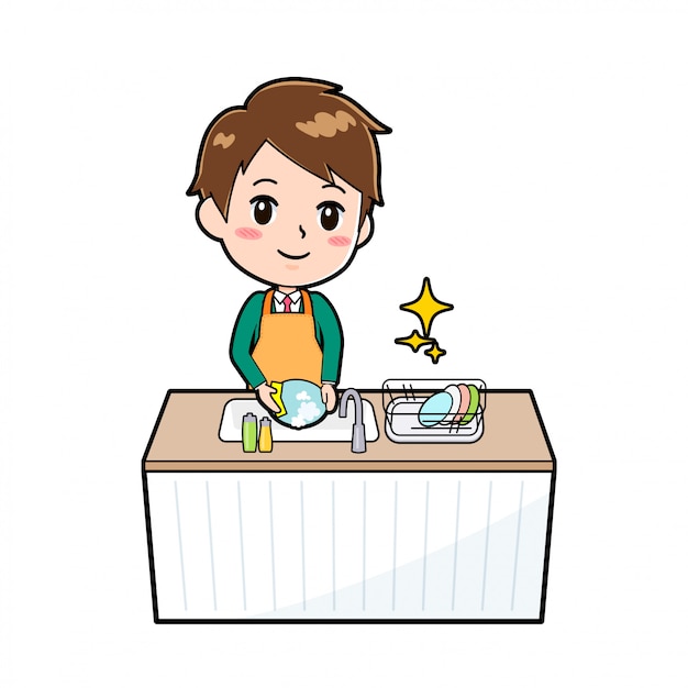 Cute cartoon character boy, cook Dishwash