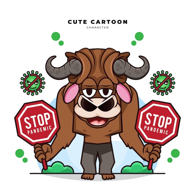 Vector cute cartoon character of bull holding stop pandemic covid19 sign