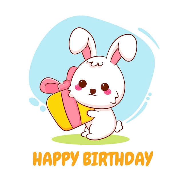 Симпатичный мультяшный персонаж кролика с подарочной коробкой Плоский персонаж в стиле рисованной
