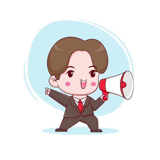 Cute cartoon character of businessman talking into megaphone