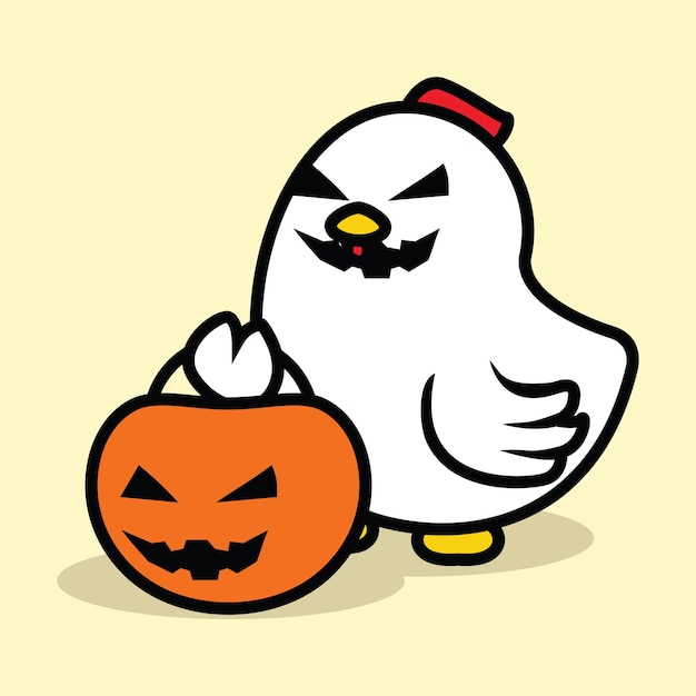 Il simpatico personaggio dei cartoni animati pollo mascotte festeggia halloween